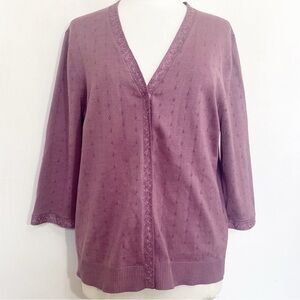 Sigrid Olsen Women's 70% Silk Pointelle Snap Front Mauve Cardigan Sweater XL